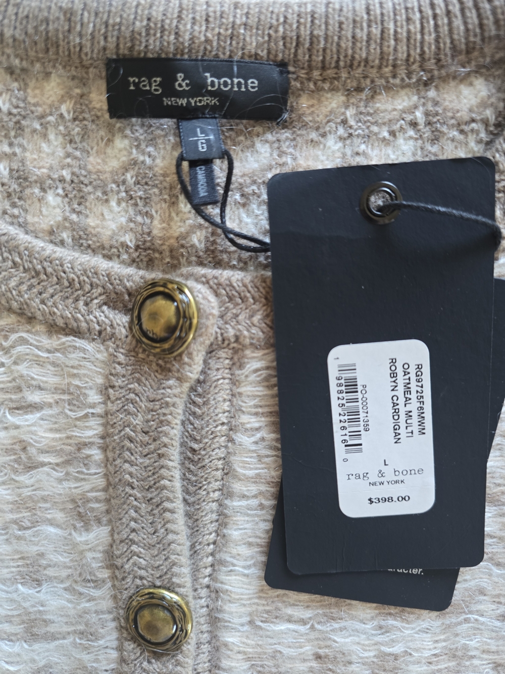 NWT rag & bone Robyn Tweed Cardigan Oatmeal Multi Gold Button Size Large - Picture 3 of 8